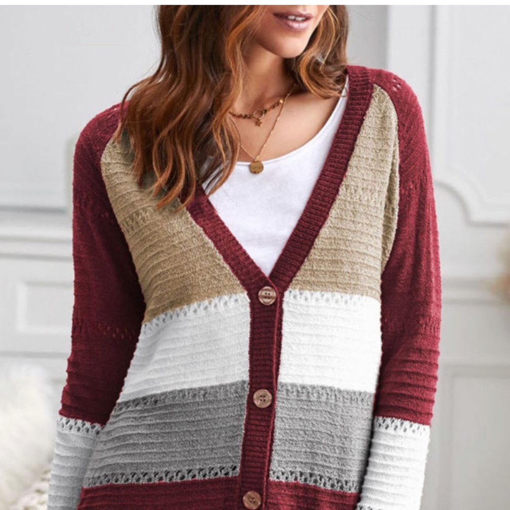 Colorblock Button-Front Cardigan Sweater - Burgundy/Beige/Gray/White - Picture 3 of 8